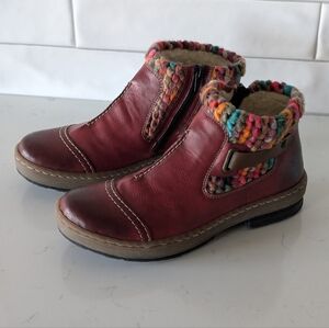 Rieker Colorful Boucle Boots Women's Red Leather Ankle Size 38, US 7